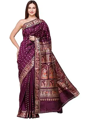 Plum-Purple Baluchari Sari from Bengal with Zari-Woven Scenes from the Mahabharata