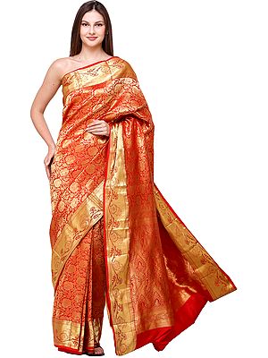 BitterSweet Brocaded Wedding Sari from Bangalore with Zari-Woven Lotuses All-Over