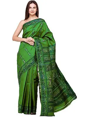 Fern-Green Baluchari Sari from Bengal with Woven Radha-Krishna