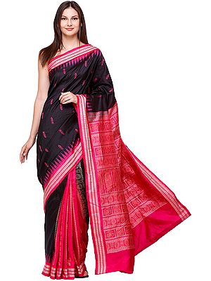 Carmine and Black Bomkai Handloom Sari from Orissa with Woven Bootis and Temple Border