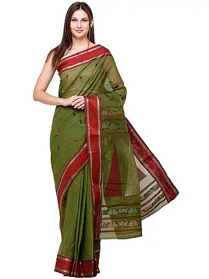 Cactus-Green Sari from Bengal with Zari-Woven Border and Large Temples on Pallu