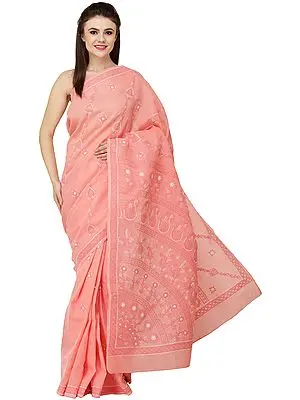 Candlelight-Peach Lukhnavi Chikan Sari with Hand-Embroidered Paisleys and Flowers on Pallu