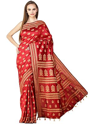 Ribbon Red Sari from Assam with Zari-Woven Floral Motifs All-Over