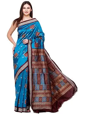 Blue-Danube Bomkai Handloom Sari from Orissa with Woven Bootis on Border and Pallu