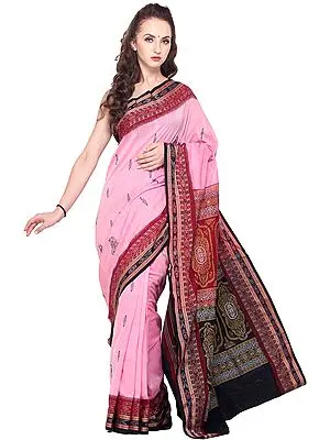 Sea-Pink Sambhalpuri  Sari from Orissa with Woven Peacocks and Motifs on Pallu