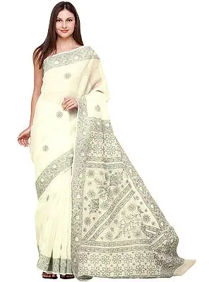 Afterglow Lukhnavi Chikan Sari with Hand-Embroidered Flowers