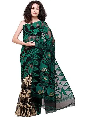 Tidepool-Green and Black Jamdani Handloom Sari from Bangladesh with Woven Bootis and Sunflowers on Pallu