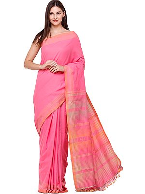 Carmine-Rose Sari from Kutch with Woven Bootis and Stripes on Pallu