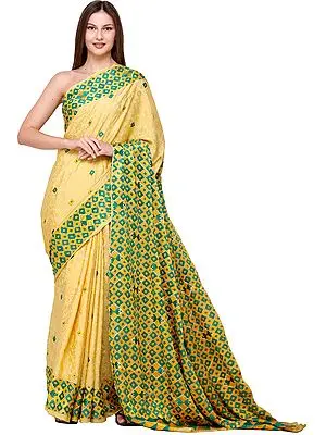 Primrose-Yellow Sari from Amritsar with Phulkari Hand Embroidery on Border and Anchal