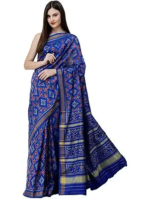 Dazzling Blue Paan Patola Sari from Patan with Hand-Woven Auspicious Motifs