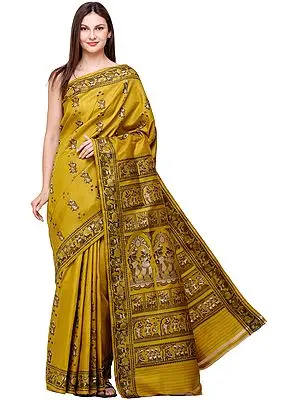 Mustard Baluchari Sari from Bengal with Woven Dancing Village Folks and Peacocks