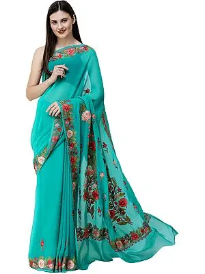 Bright-Aqua Sari from Kashmir with Aari-Embroidered Flowers
