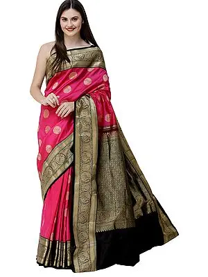 Raspberry-Sorbet Uppada Sari from Bangalore with Peacock Motifs on Border and Pallu
