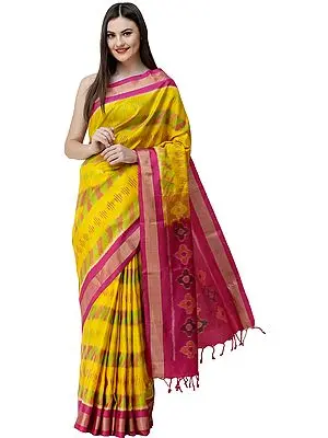 Lemon Handloom Uppada Sari from Bangalore with Ikat Weave and Zari-Woven Border