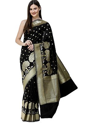 Brocaded Saree from Banaras with Zari-Woven Trees and Animals on Border