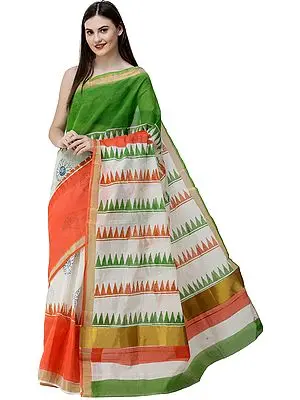 Tri-Color Freedom Sari with Zari-Woven Border and Printed Temple Pallu