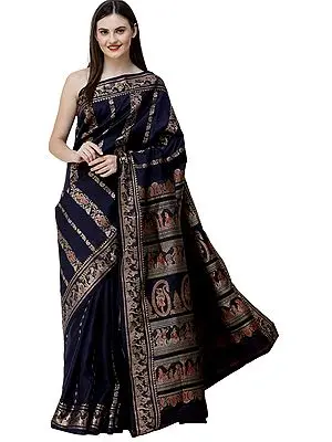 Midnight-Blue Baluchari Sari from Bengal with Woven Mughal Emperor and Dancing Girls