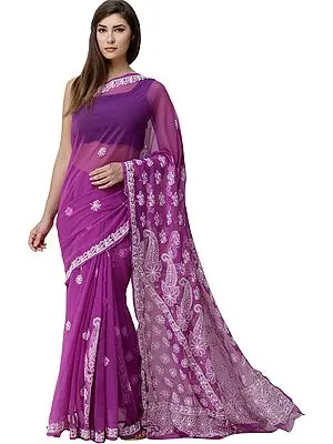 Bright-Violet Lukhnavi Chikan Sari with Hand-Embroidered Paisleys and Flowers on Pallu