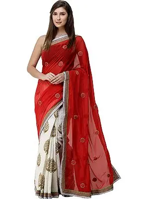 Red and Cream Sari with Crystal-Studded Zardozi Border and Self-Weave
