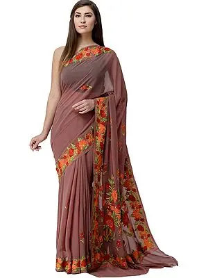Roan-Rouge Sari from Kashmir with Aari-Embroidered Flowers On Pallu and Border