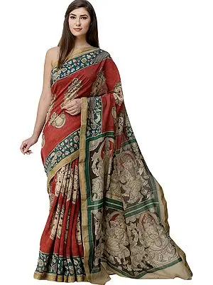 Rust Kalamkari Sari from Telangana with Goddess Laxmi and Lord Ganesha on Pallu