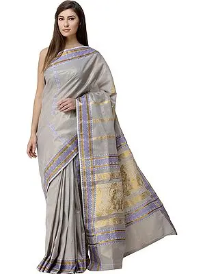 Pumice-Stone Kasavu Tissue Sari from Kerala with Zari-Woven Krishna (Baal Gopal) on Anchal