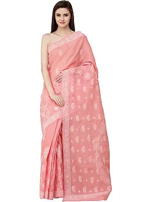 Coral-Pink Lukhnavi Chikan Sari with Hand-Embroidered Paisleys and Flowers on Pallu