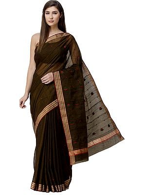 Bison-Brown Chanderi Saree from Madhya Pradesh with Zari-Woven Border and Floral Bootis