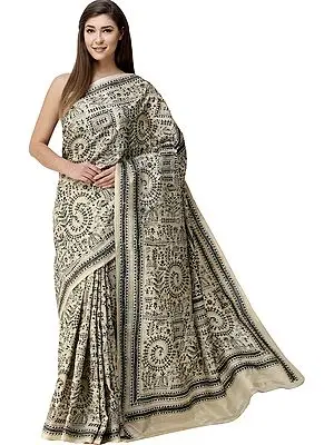 Pebble Warli Sari from Kolkata with Kantha-Embroidery by Hand