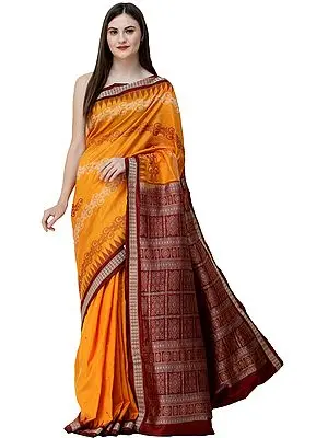 Dark-Cheddar Bomkai Handloom Sari from Orissa with Box Design on Pallu and Temple Border