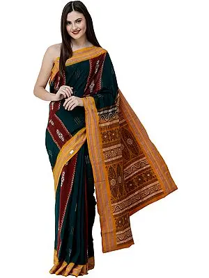 Trekking-Green Bomkai Handloom Saree from Odisha with Auspicious Motifs on Pallu