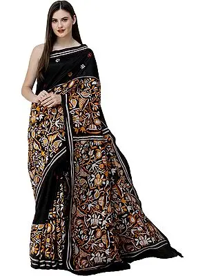 Caviar-Black Sari from Kolkata with Floral Kantha-Embroidery by Hand