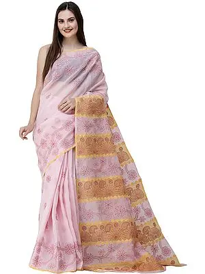 Blushing-Bride Lukhnavi Chikan Sari with Hand-Embroidered Paisleys and Flowers on Pallu