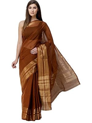 Pecan-Brown Venkatagiri Sari from Andhra Pradesh with Zari Border and Stripes on Pallu