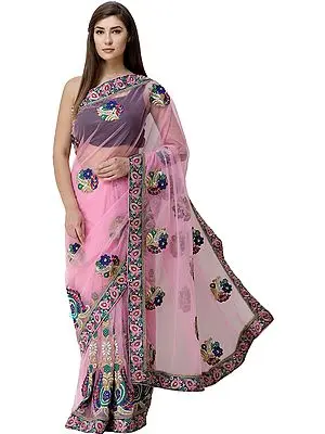 Bright-Pink Sari with Aari-Embroidered Border and Crystal Studded Floral Motifs