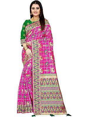 Gharchola Sari from Gujarat with Zari-Woven Elephants and Peacocks