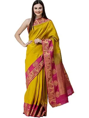Freesia-Yellow Handloom Sari from Bangalore with Peacocks on Border and Zari-Woven Pallu