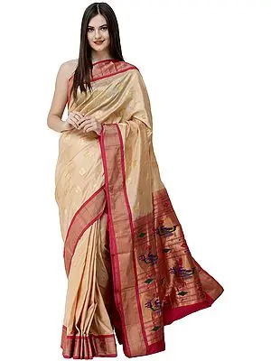 Almond-Buff Brocaded Paithani-Uppada Fusion Sari from Bangalore with Zari-Woven Peacocks on Anchal