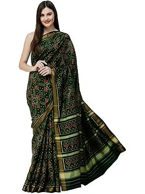 Trekking-Green Handloom Paan Patola Sari from Patan with Ikat Weave