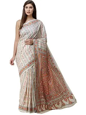 Bleached-Sand Sari from Kolkata with Floral Kantha-Embroidery by Hand
