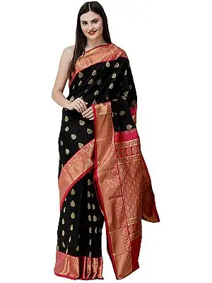 Midnight-Black and Pink Uppada Sari from Bangalore with Zari Woven Motifs and paisleys on Pallu