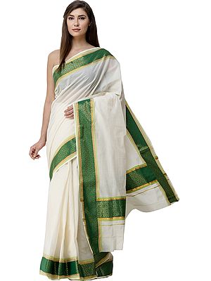 Cream and Green Kasavu Sari from Kerala with Woven Border and Pallu