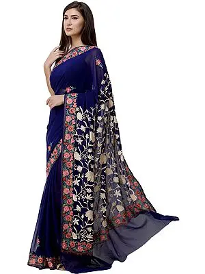 Mazarine-Blue Sari from Kashmir with Aari-Embroidered Multicolor Flowers