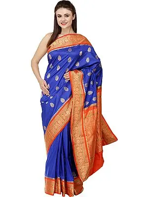 Deep-Ultramarine and Orange Uppada Sari from Bangalore with Zari-Woven  Lotuses and Peacocks