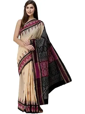 Wood-Ash Bomkai Handloom Sari from Orissa with Woven Bootis and Temple Border