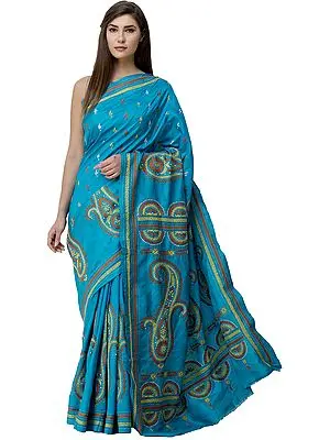 Algiers-Blue Sari from Kolkata with Kantha-Embroidered Giant Paisleys