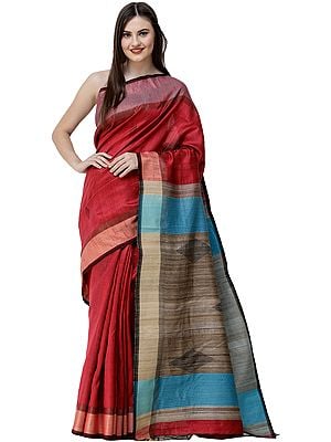 Garnet-Pose Kosa Sari from Jharkhand with Straight-stitch on Pallu and Jute Weave