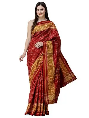 American-Beauty Paan Patola Sari from Patan with Ikat Weave and Tissue Border