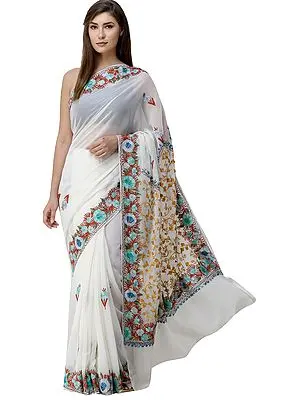 Cream Sari from Kashmir with Aari-Embroidered Multicolor Flowers