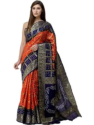 Bandhani Tie-Dye Gharchola Sari from Gujarat with Zari-Woven Border